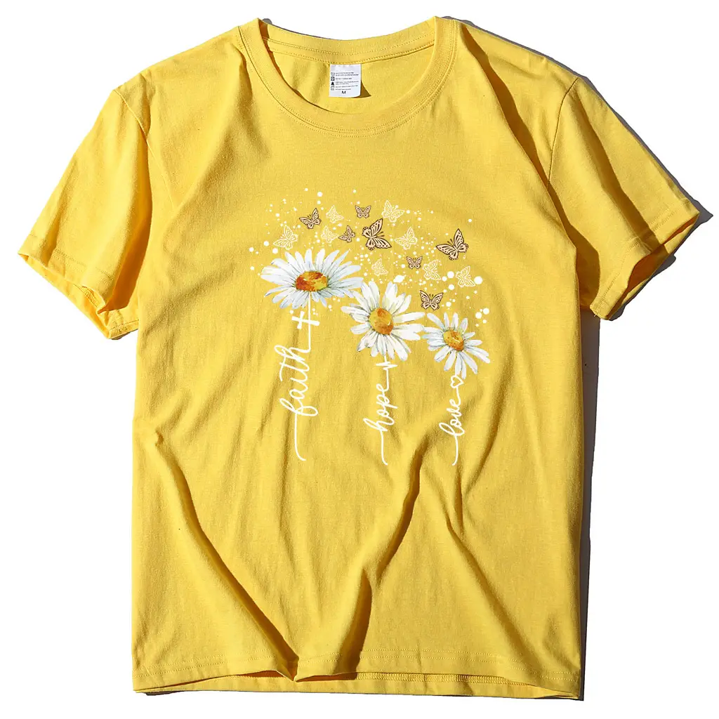 Women Yellow Daisy Print T-Shirt Short Sleeve 2023 - Image 5