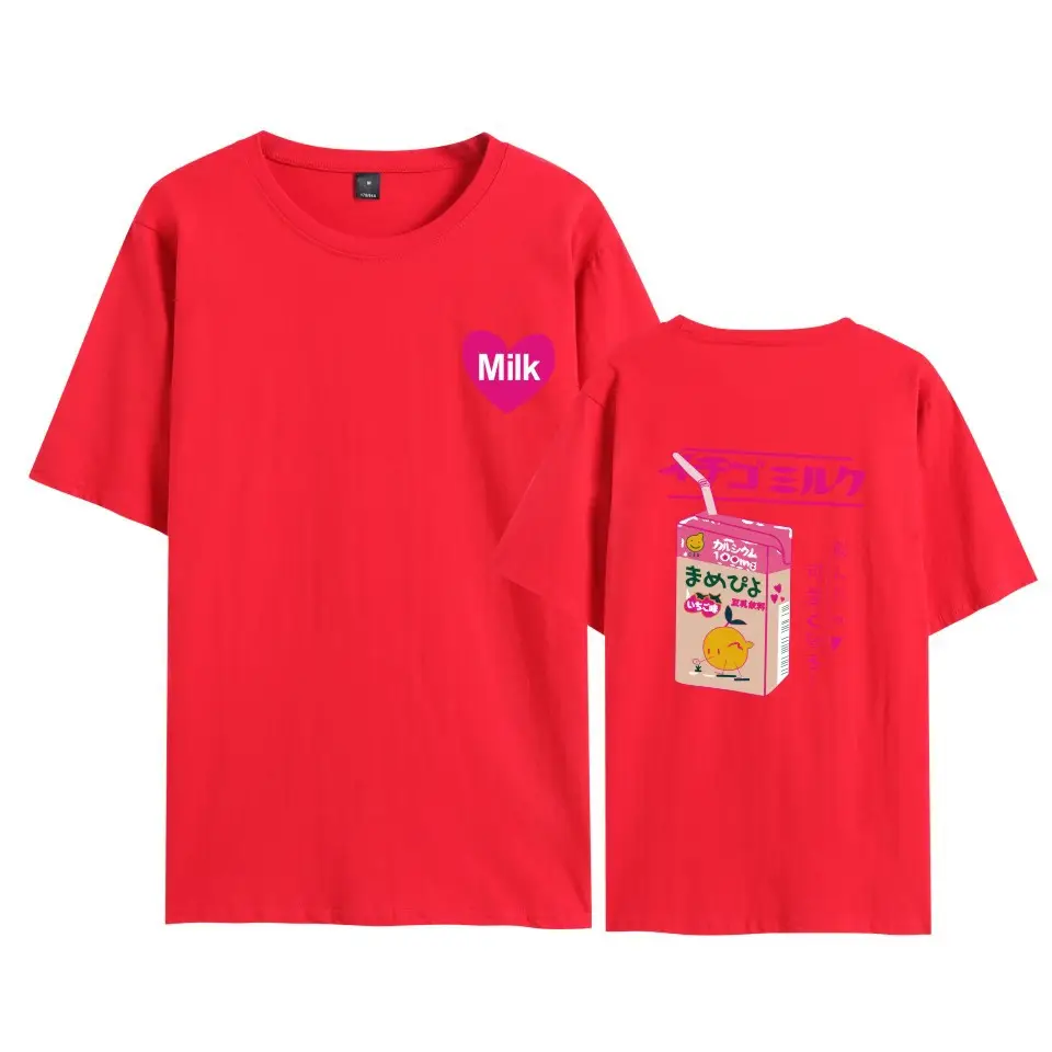Red Cartoon Q Milk Printed T-Shirt Set for Men Women - Image 6