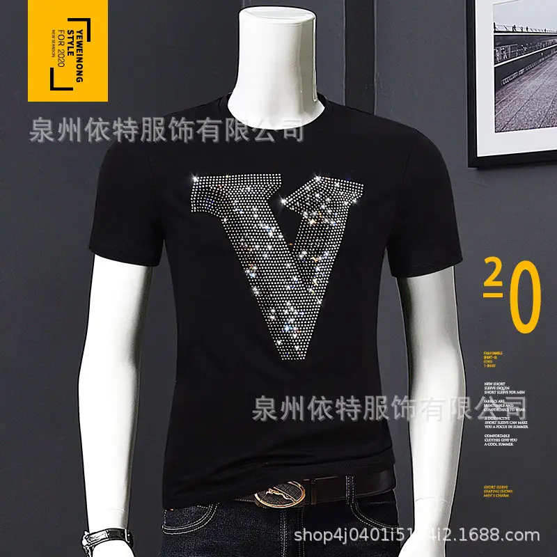 Men's Hot Diamond V-Print T-Shirt Black 2020 Summer - Image 3