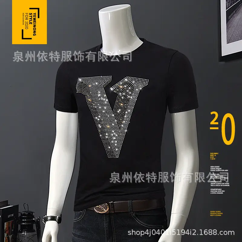 Men's Hot Diamond V-Print T-Shirt Black 2020 Summer - Image 4