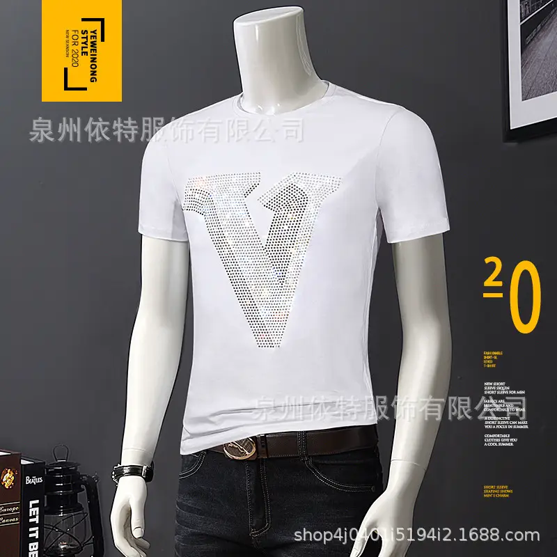 Men's Hot Diamond V-Print T-Shirt Black 2020 Summer - Image 5