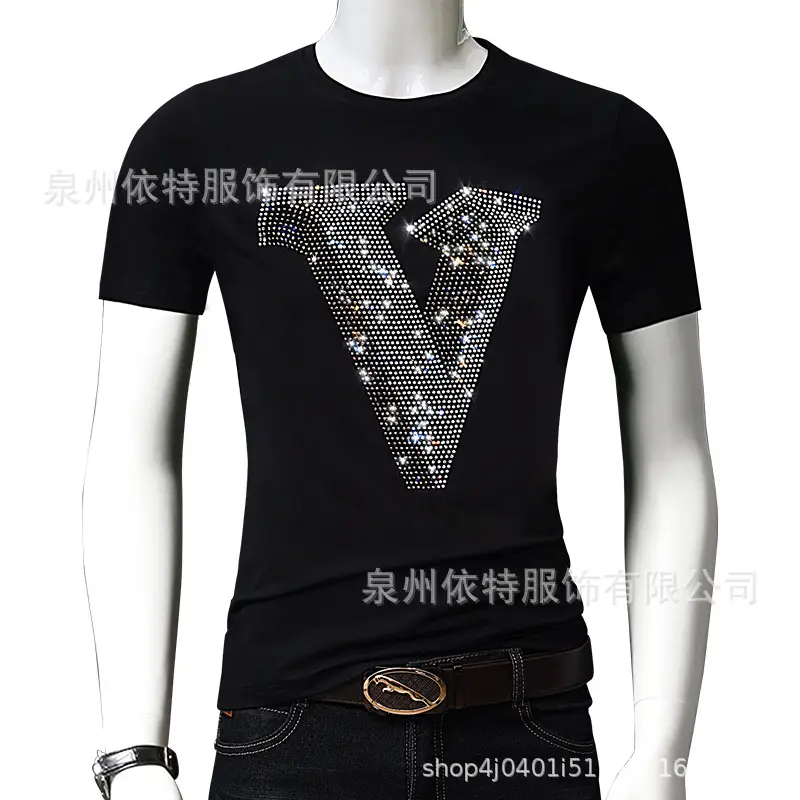 Men's Hot Diamond V-Print T-Shirt Black 2020 Summer - Image 2