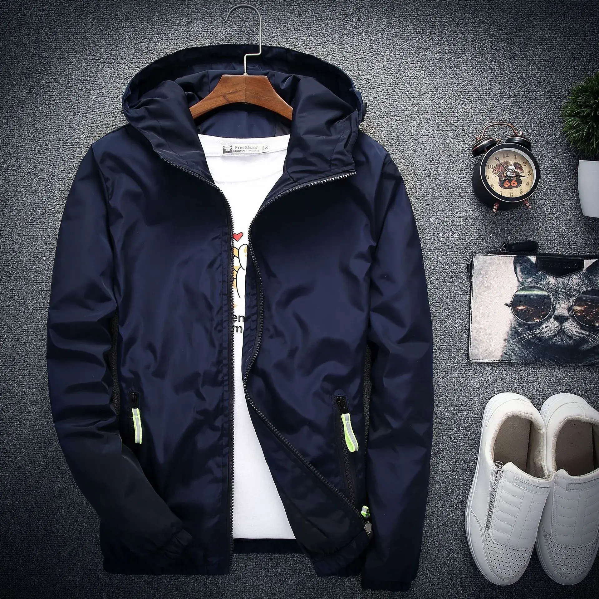 Men's Black Hooded Jacket with Green Zippers