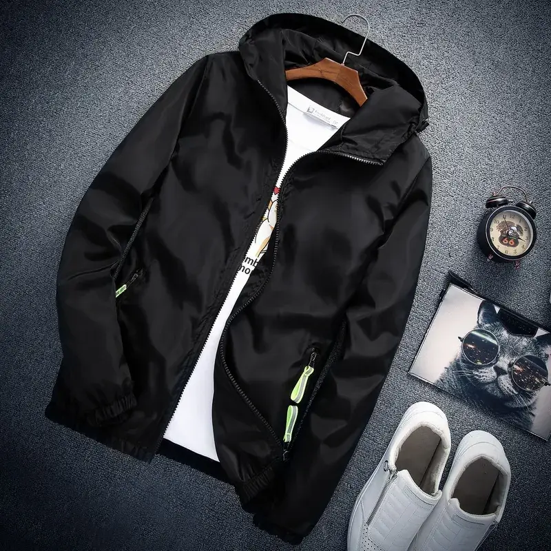 Men's Black Hooded Jacket with Green Zippers