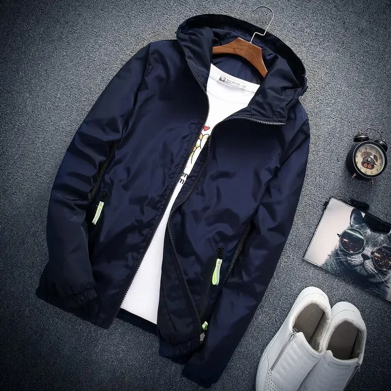 Men's Black Hooded Jacket with Green Zippers