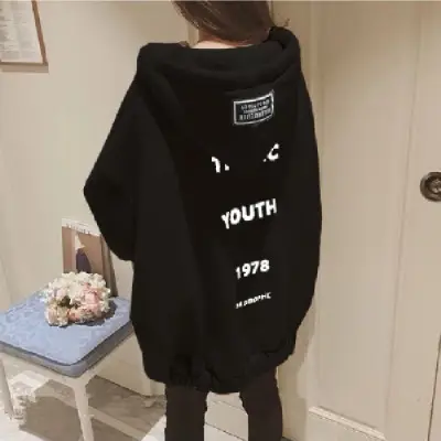 2023 Winter Velvet Hooded Sweatshirt Women Mid-Length Printed - Image 2