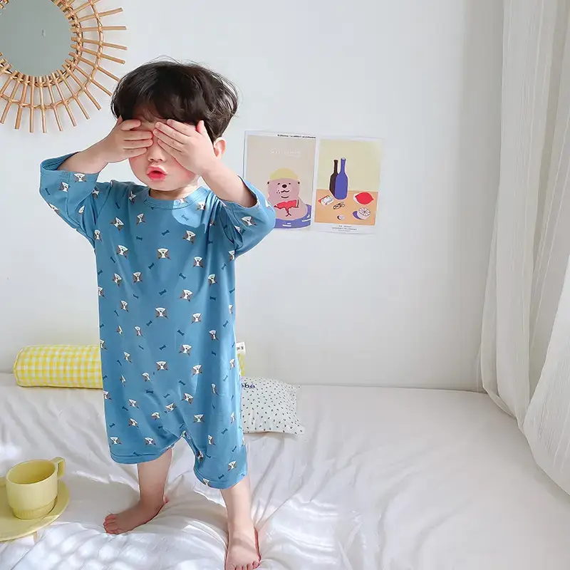 Children's Blue Cartoon Pajamas Summer Cotton One-Piece