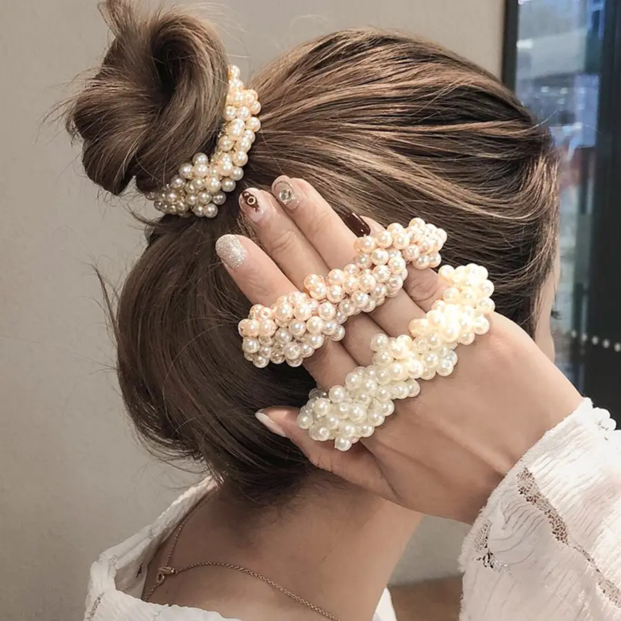 Korean Style Pearl Hair Ring with Leather Strap