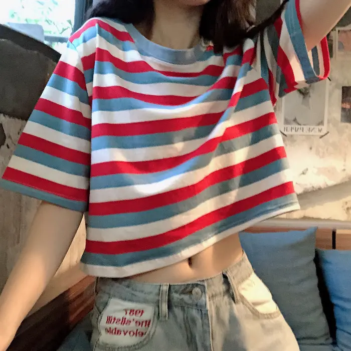 Women Rainbow Striped Short Sleeve T-Shirt Hyuna Style - Image 2