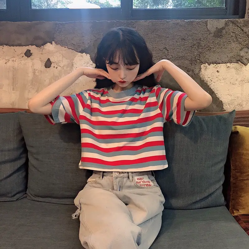 Women Rainbow Striped Short Sleeve T-Shirt Hyuna Style - Image 3