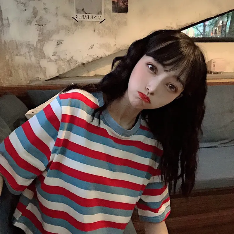 Women Rainbow Striped Short Sleeve T-Shirt Hyuna Style - Image 4
