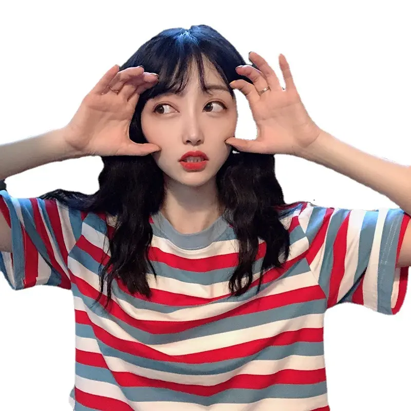 Women Rainbow Striped Short Sleeve T-Shirt Hyuna Style - Image 5