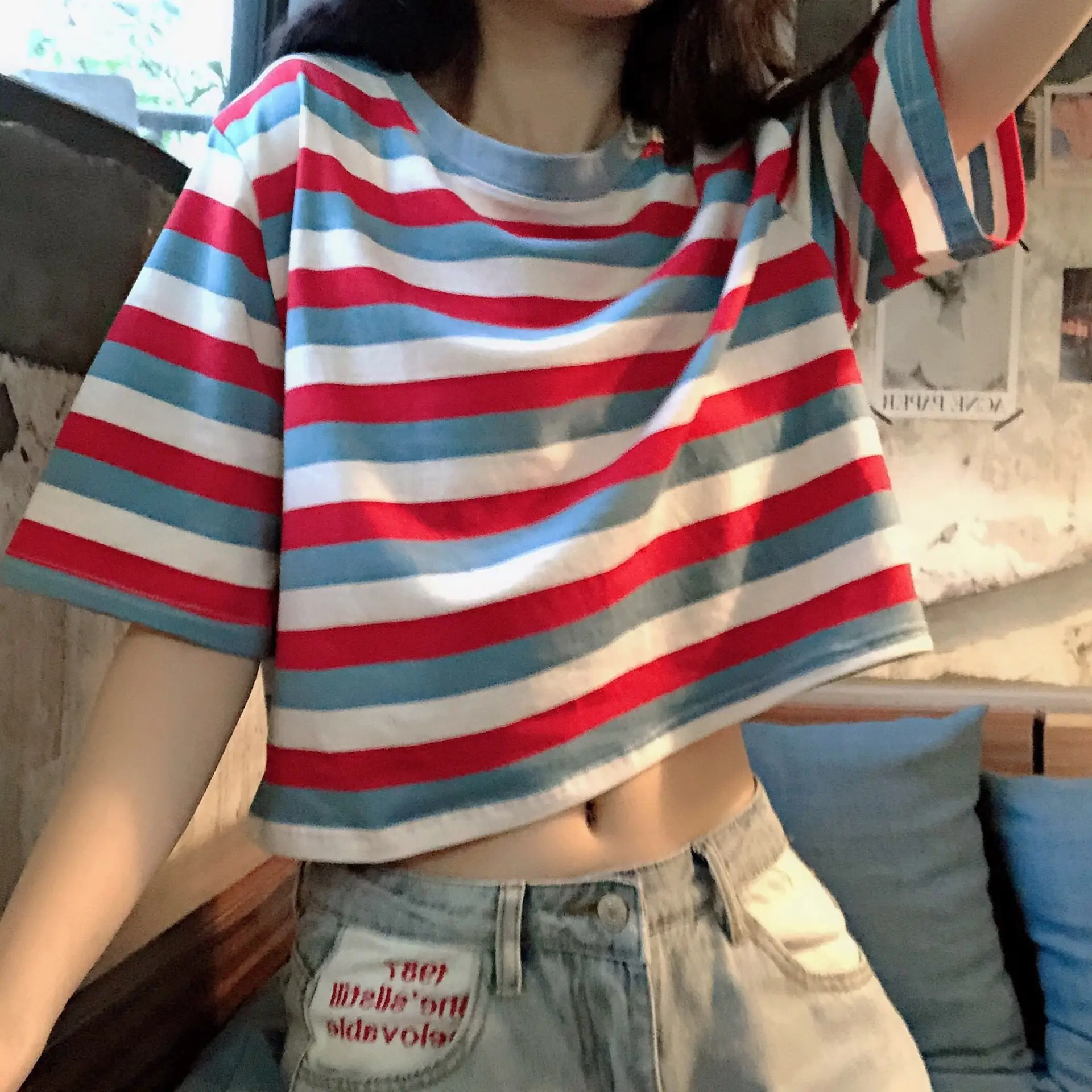 Women Rainbow Striped Short Sleeve T-Shirt Hyuna Style — feature 2