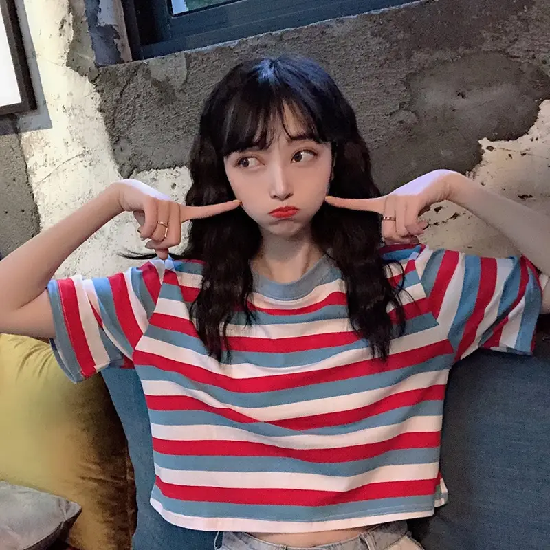 Women Rainbow Striped Short Sleeve T-Shirt Hyuna Style — feature 6
