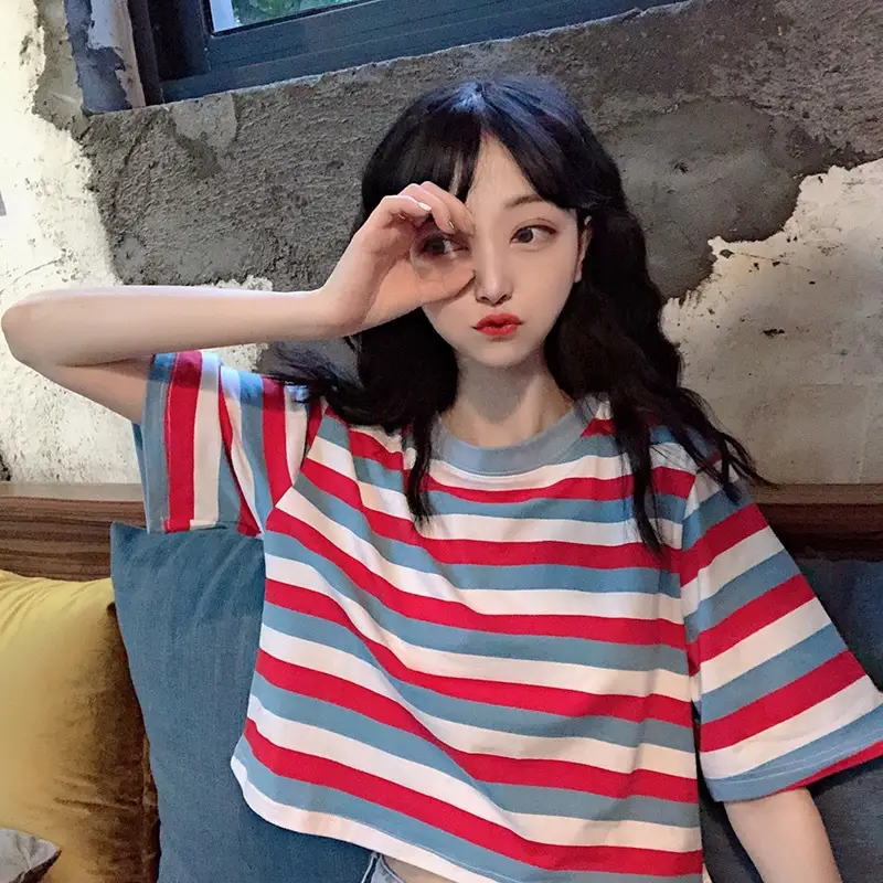 Women Rainbow Striped Short Sleeve T-Shirt Hyuna Style — feature 7