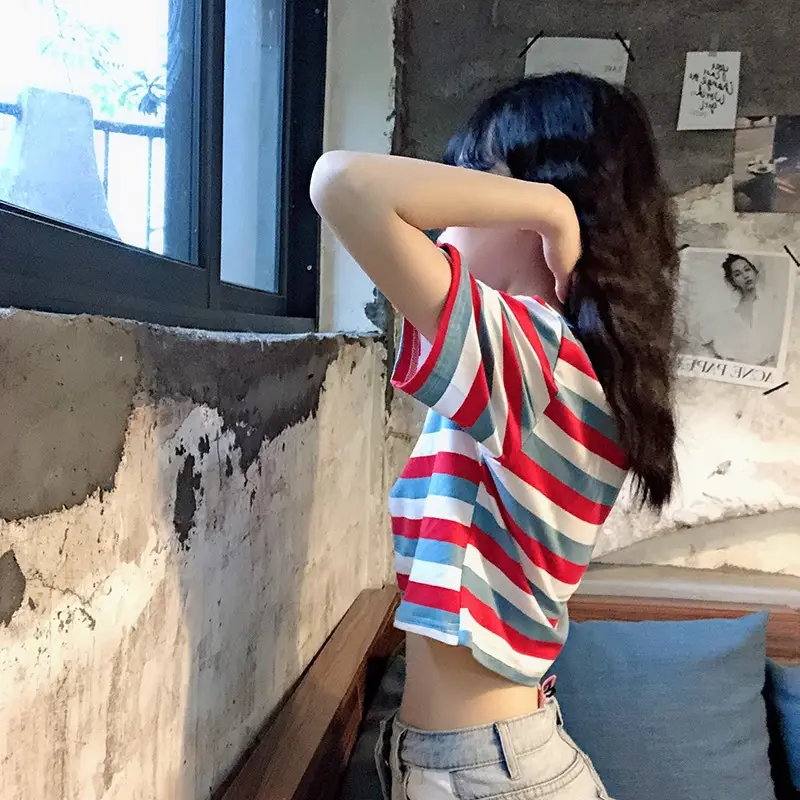 Women Rainbow Striped Short Sleeve T-Shirt Hyuna Style — feature 8
