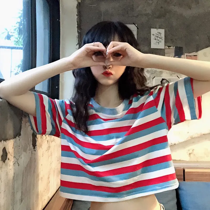 Women Rainbow Striped Short Sleeve T-Shirt Hyuna Style — feature 9