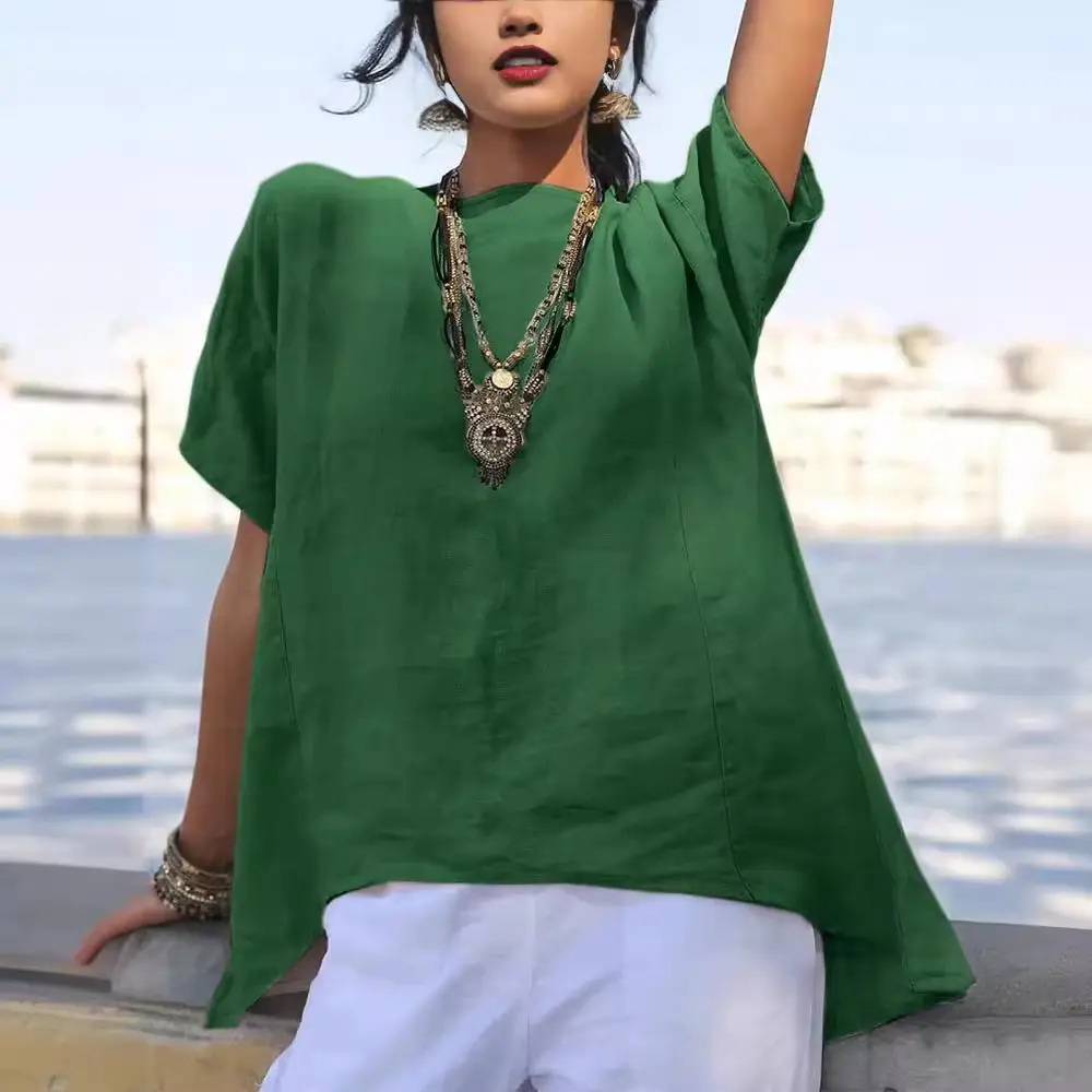 Women Blue Linen Short Sleeve Top with Asymmetrical Hem