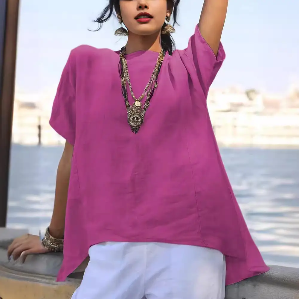 Women Blue Linen Short Sleeve Top with Asymmetrical Hem