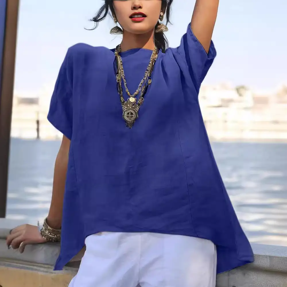 Women Blue Linen Short Sleeve Top with Asymmetrical Hem