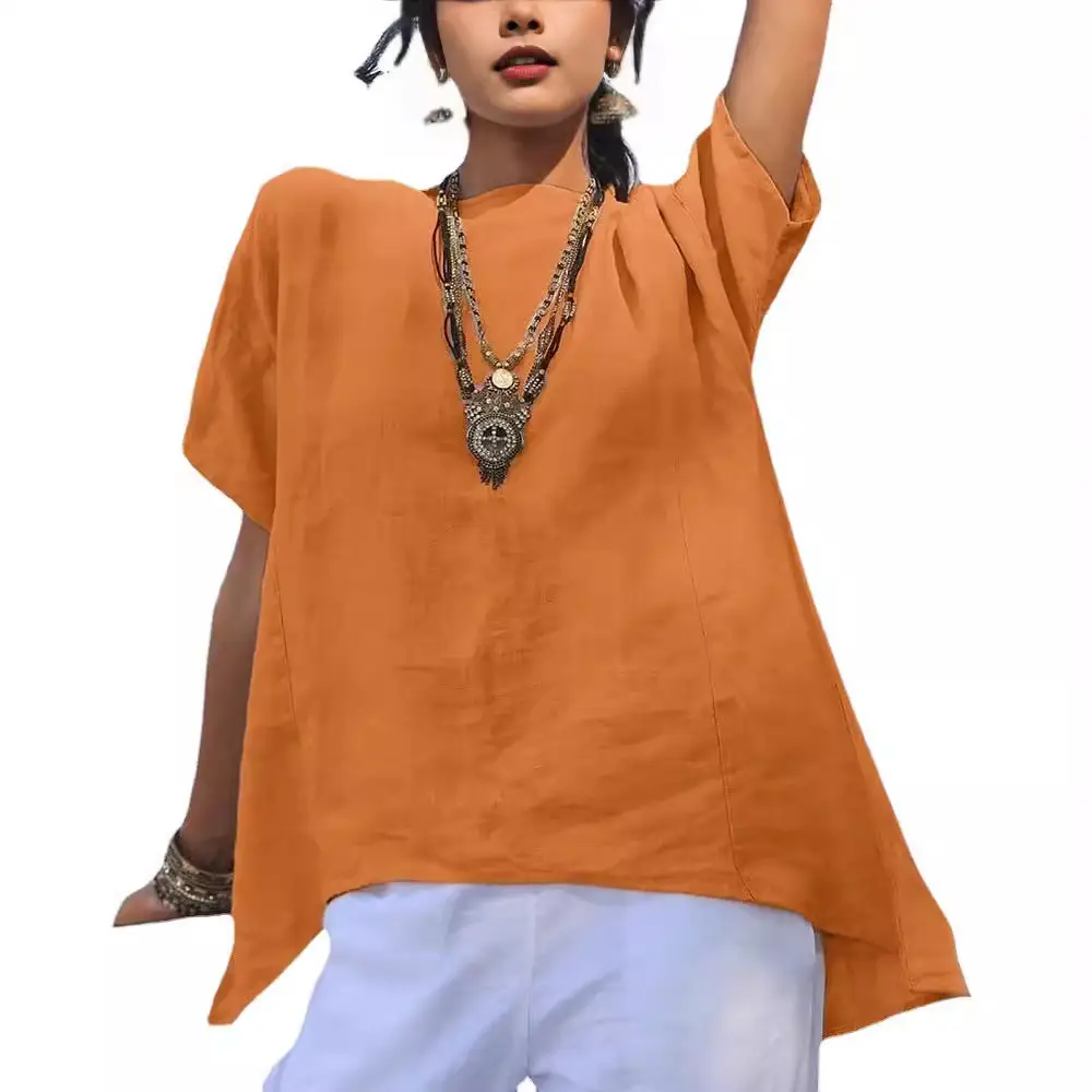 Women Blue Linen Short Sleeve Top with Asymmetrical Hem