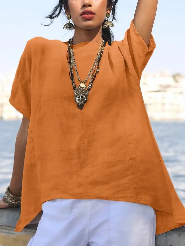 Women Blue Linen Short Sleeve Top with Asymmetrical Hem