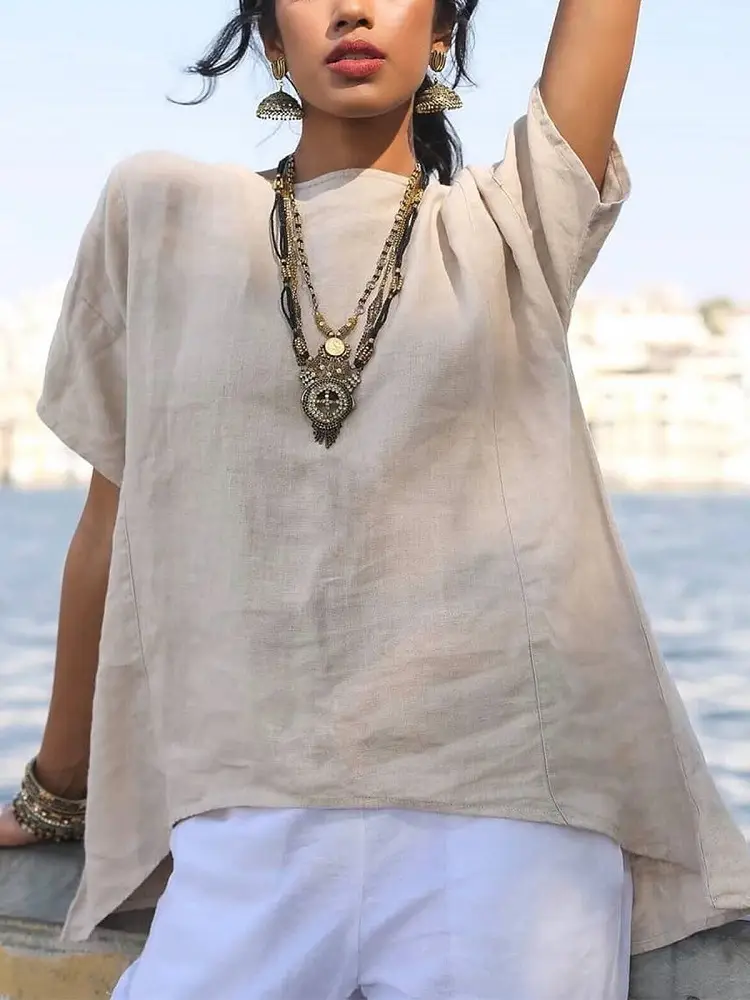Women Blue Linen Short Sleeve Top with Asymmetrical Hem