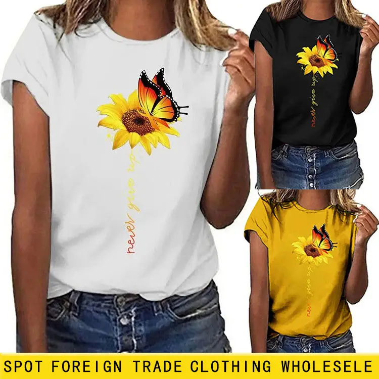 Sunflower Printed Short Sleeve T-Shirt Blue European American - Image 18