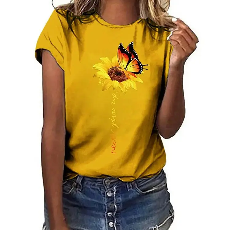 Sunflower Printed Short Sleeve T-Shirt Blue European American - Image 19