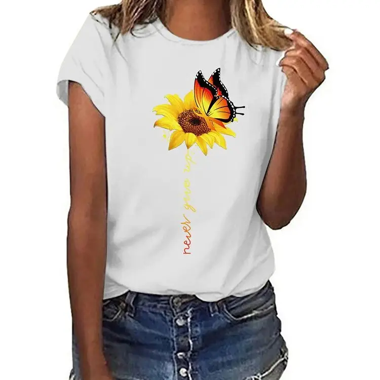 Sunflower Printed Short Sleeve T-Shirt Blue European American - Image 20
