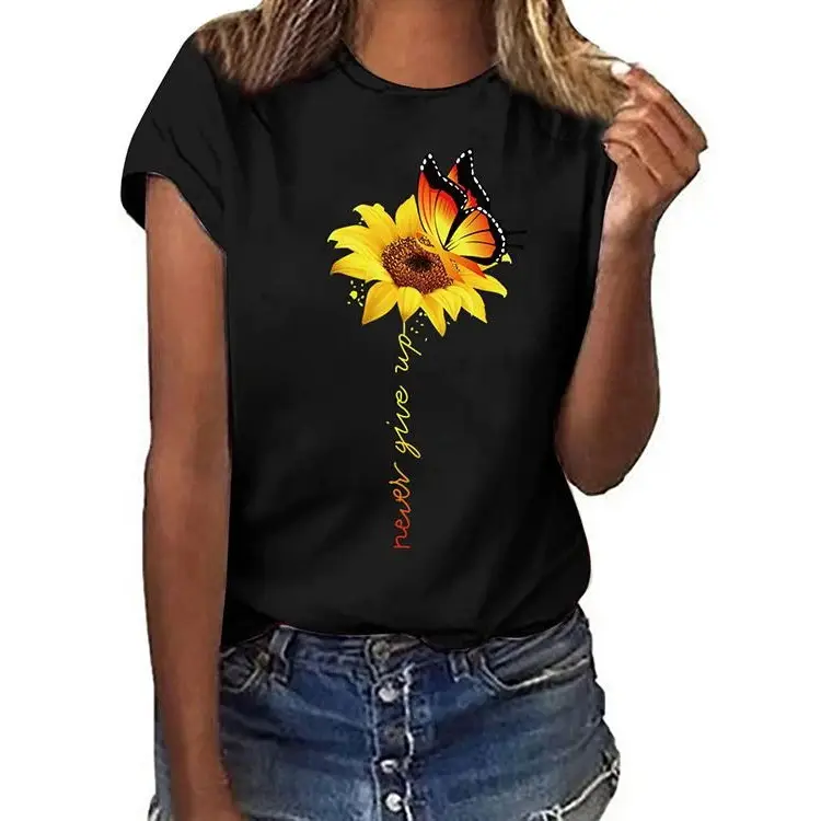 Sunflower Printed Short Sleeve T-Shirt Blue European American - Image 21