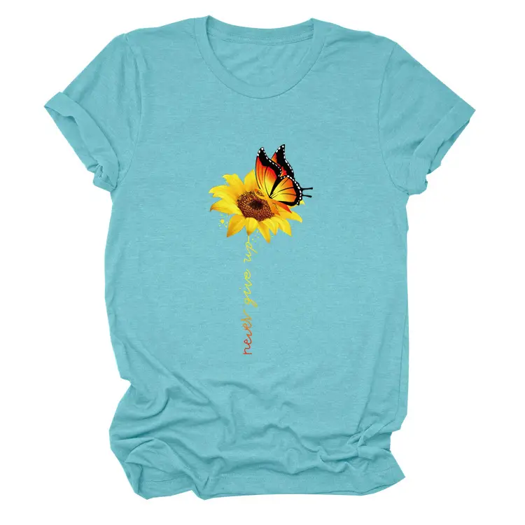 Sunflower Printed Short Sleeve T-Shirt Blue European American - Image 13