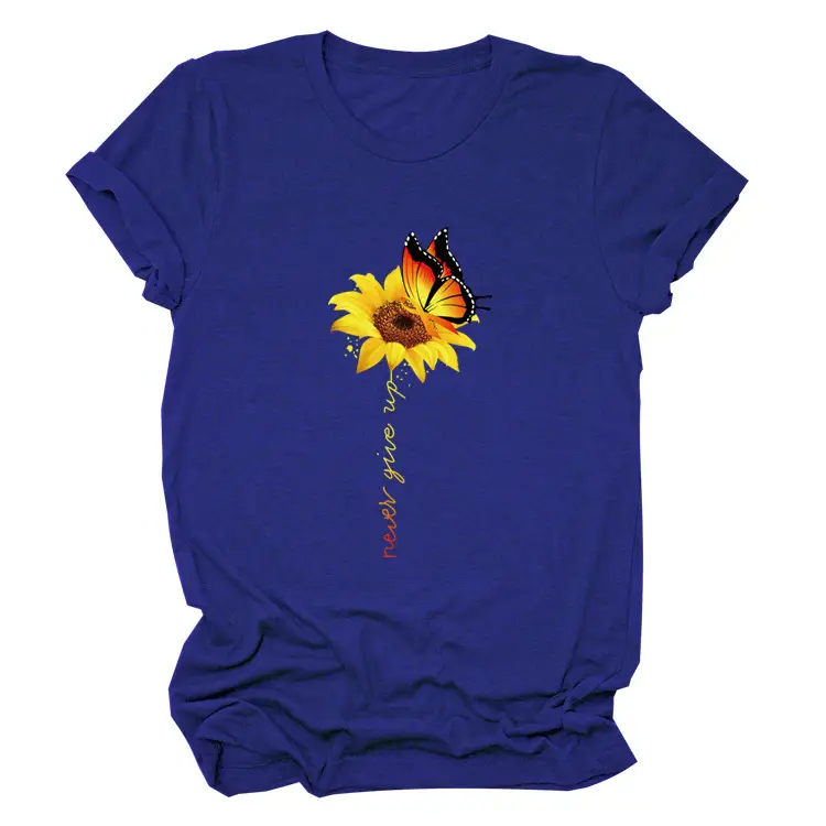 Sunflower Printed Short Sleeve T-Shirt Blue European American - Image 16
