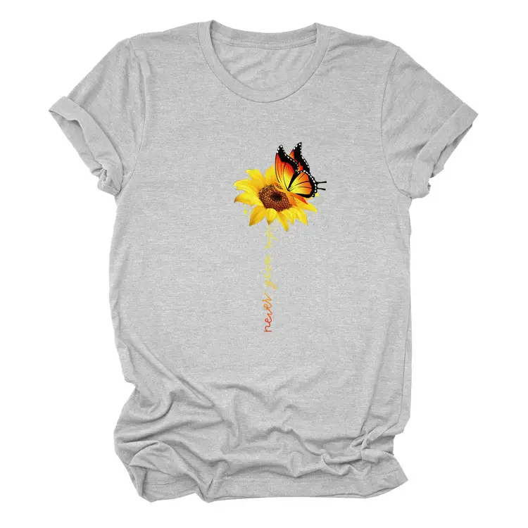 Sunflower Printed Short Sleeve T-Shirt Blue European American - Image 2