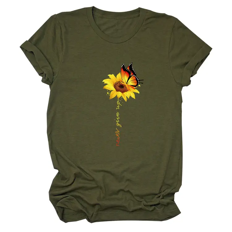 Sunflower Printed Short Sleeve T-Shirt Blue European American - Image 3