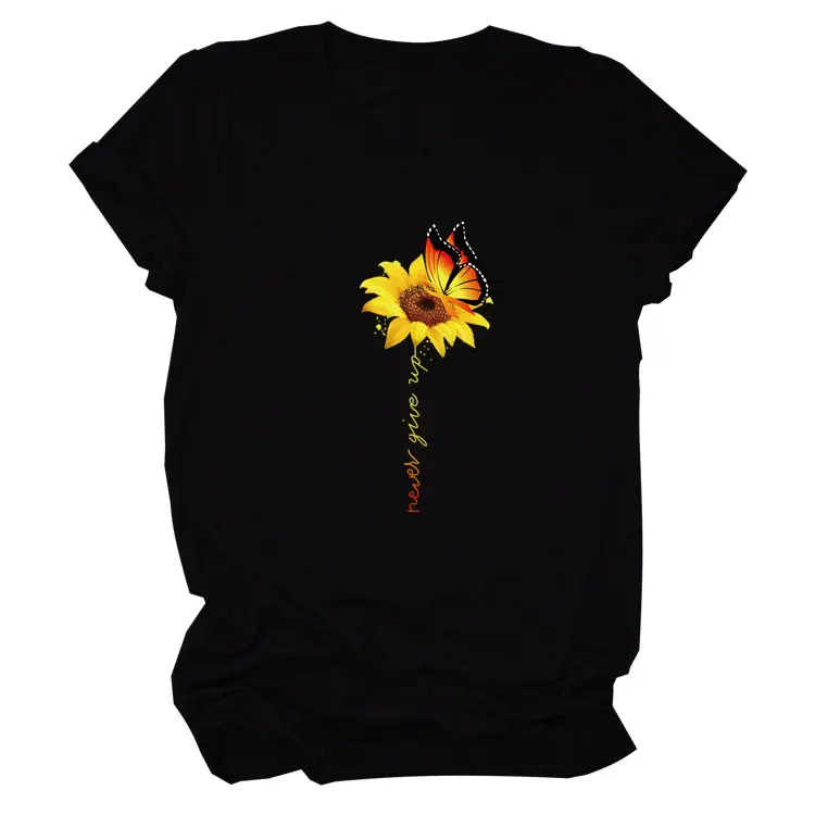Sunflower Printed Short Sleeve T-Shirt Blue European American - Image 5