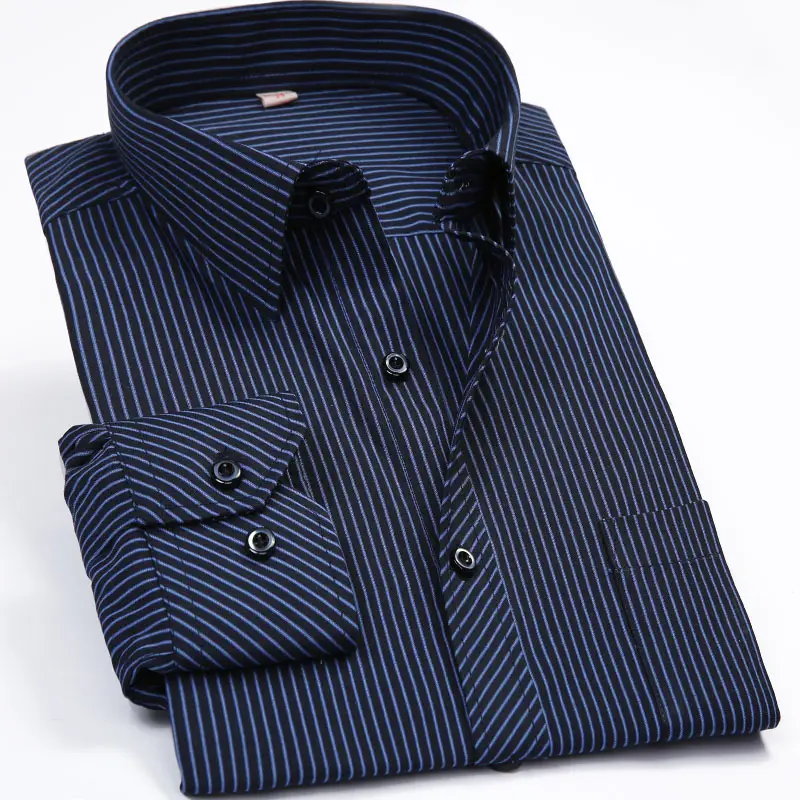 Men Striped Business Shirt Navy Blue Button Collar