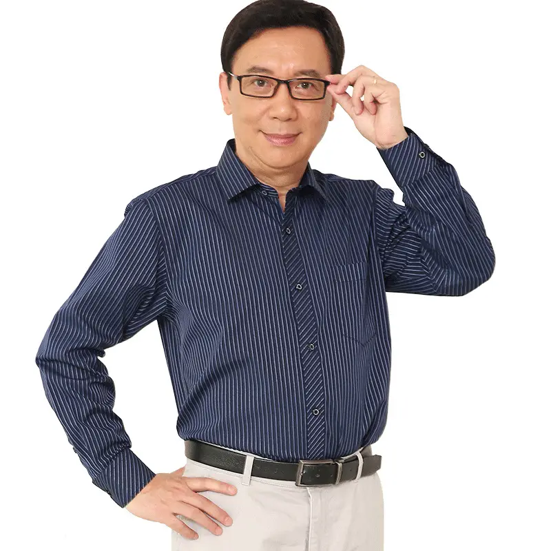 Men Striped Business Shirt Navy Blue Button Collar