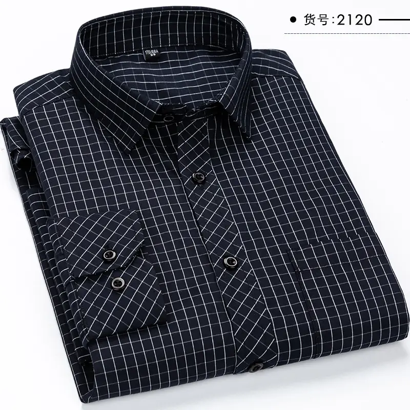 Men Striped Business Shirt Navy Blue Button Collar