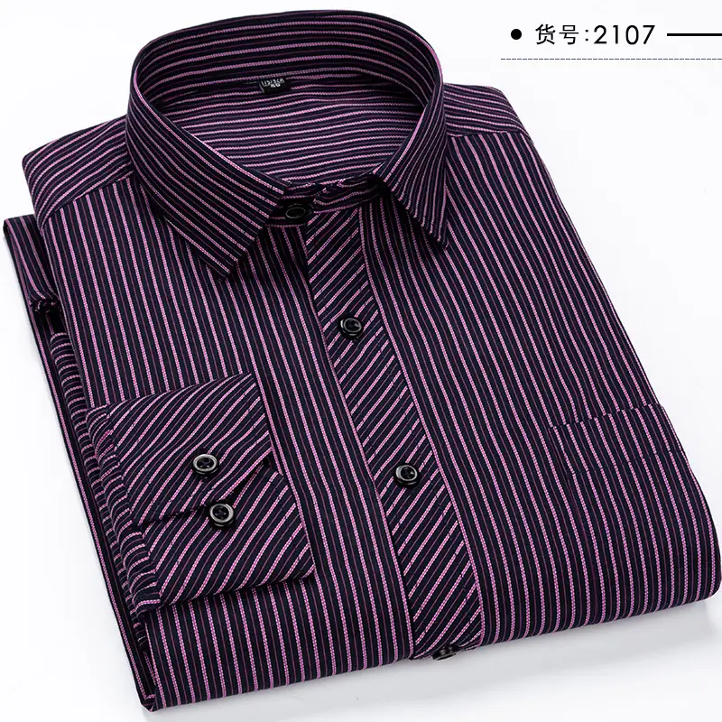Men Striped Business Shirt Navy Blue Button Collar