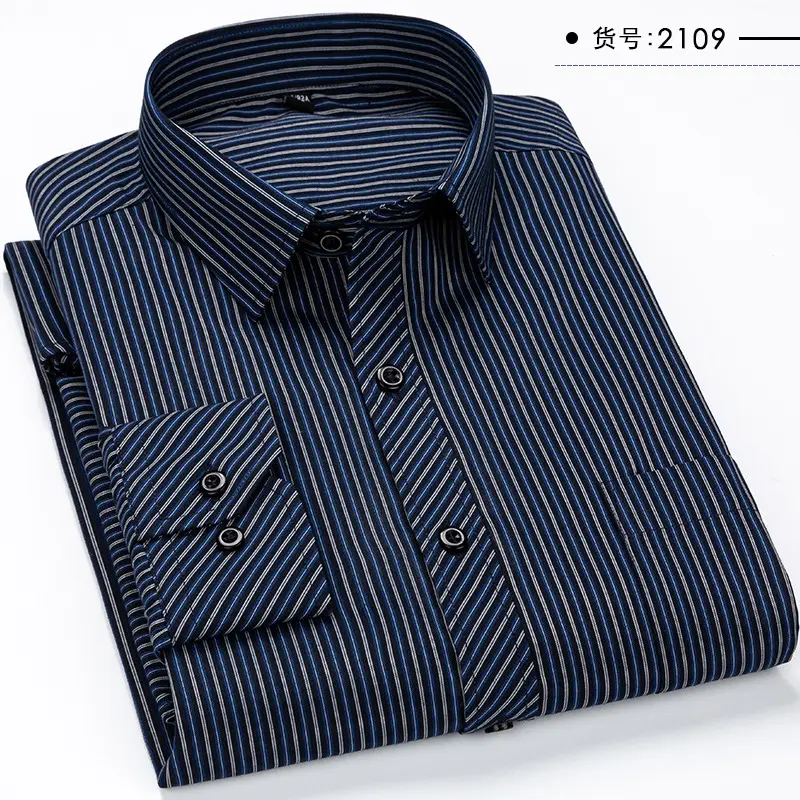 Men Striped Business Shirt Navy Blue Button Collar