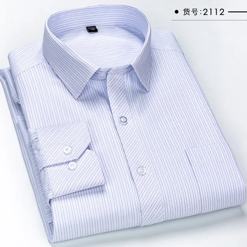 Men Striped Business Shirt Navy Blue Button Collar