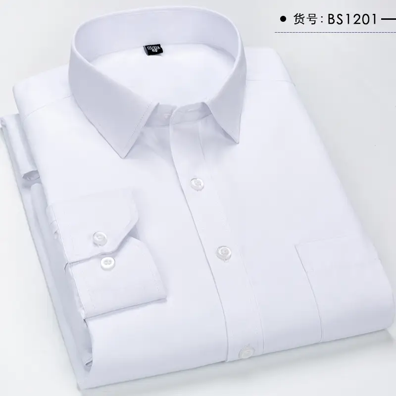 Men Striped Business Shirt Navy Blue Button Collar