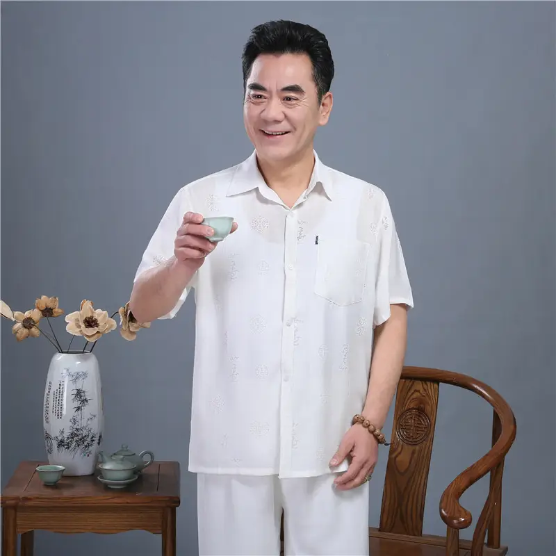 Men Linen Chinese Style Shirt & Pants Set White Elderly Suit - Image 30