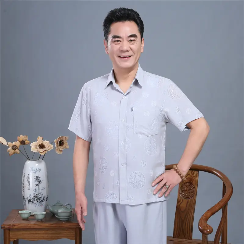Men Linen Chinese Style Shirt & Pants Set White Elderly Suit - Image 2