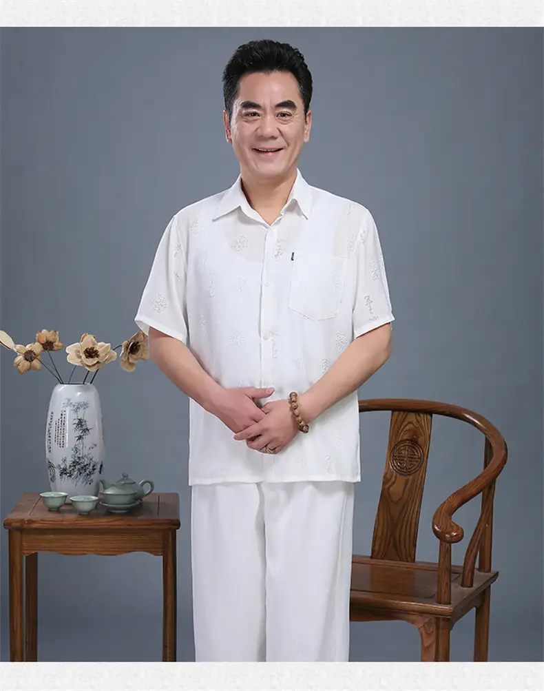 Men Linen Chinese Style Shirt & Pants Set White Elderly Suit — feature 6