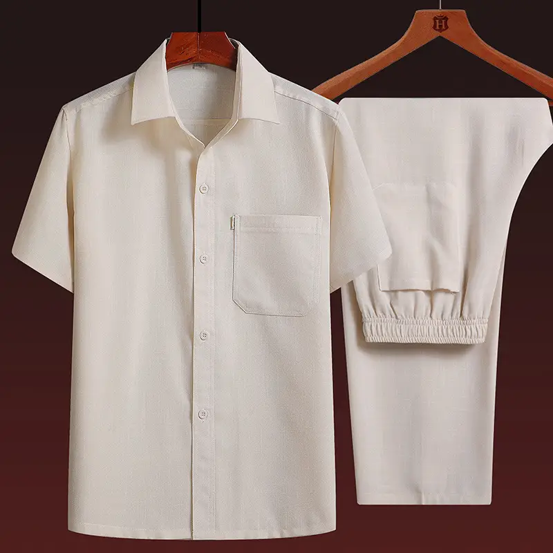 Men Linen Chinese Style Shirt & Pants Set White Elderly Suit - Image 10