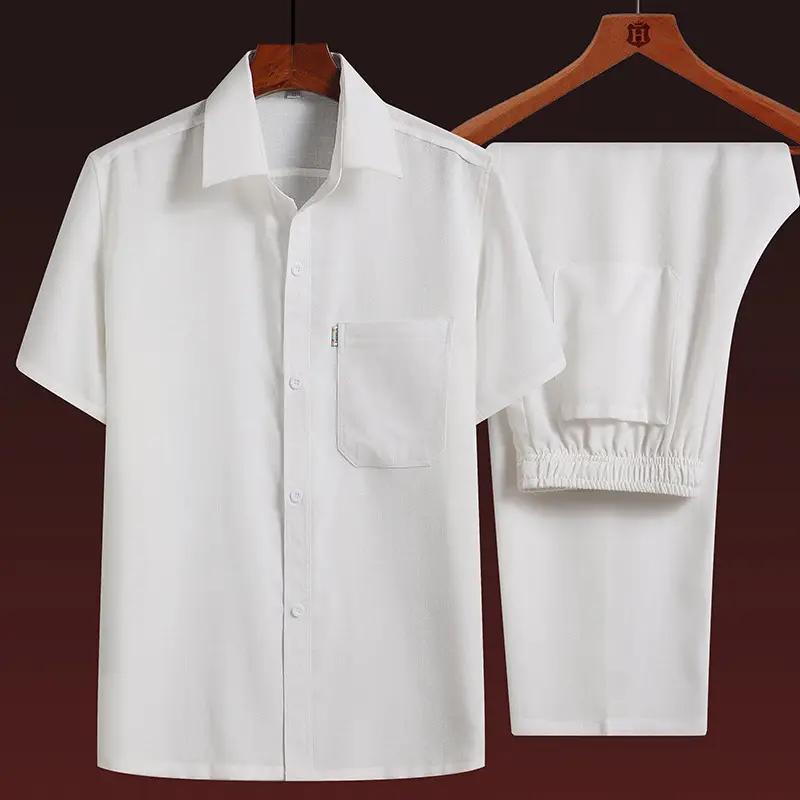Men Linen Chinese Style Shirt & Pants Set White Elderly Suit - Image 12
