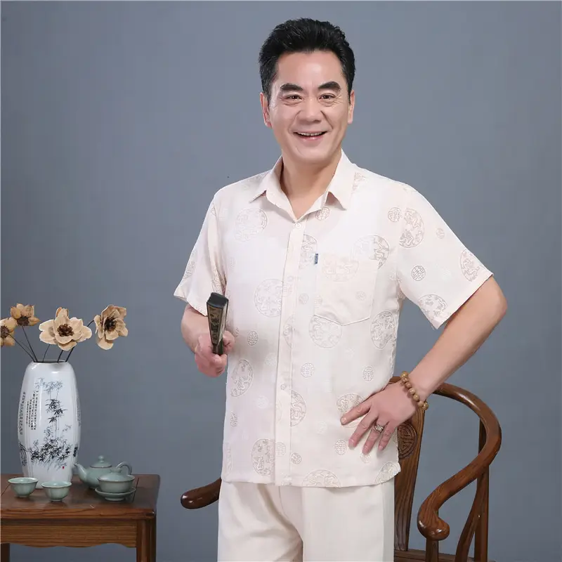 Men Linen Chinese Style Shirt & Pants Set White Elderly Suit - Image 4