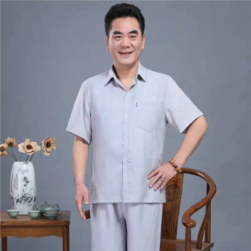 Men Linen Chinese Style Shirt & Pants Set White Elderly Suit - Image 5